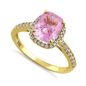 New Solid 14K Yellow Gold Cushion Cut Halo Pink Engagement Ring
